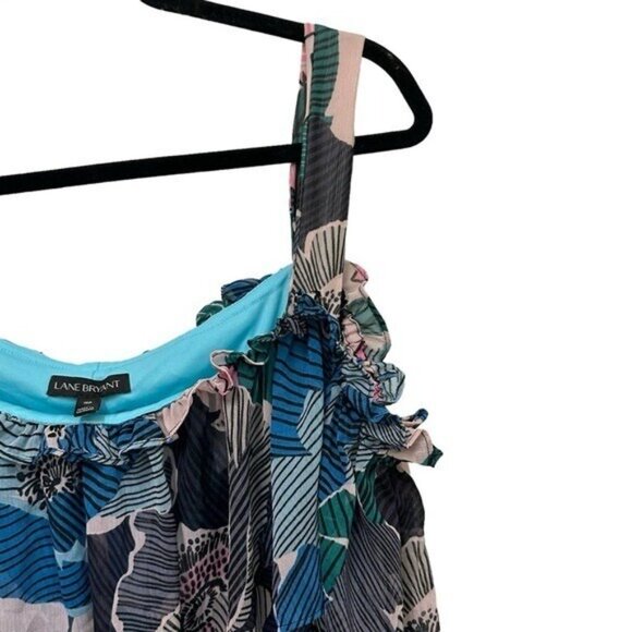 Lane Bryant 16 Petite Maxi Dress Off the Shoulder Ruffle Blue Green Floral Leaf - Picture 5 of 10